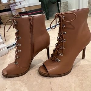 Peep Toe Lace Up Nude Brown Ankle Combat Boots
